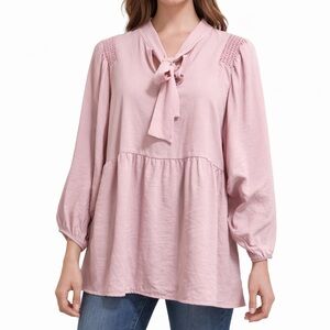 JADE Pink Tie Neck Peplum Blouse Size Small Smocked Shoulder Top